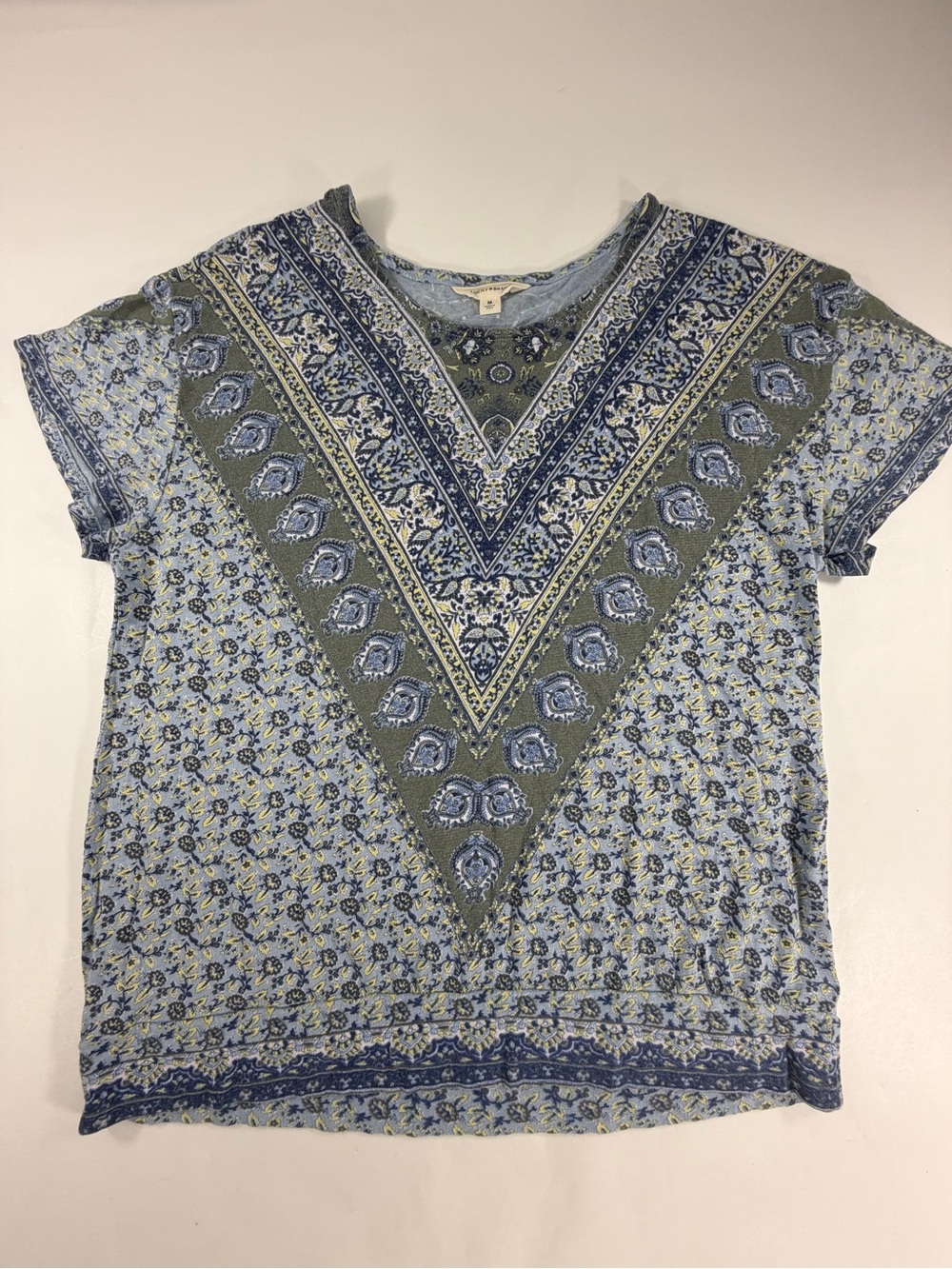 Lucky Brand‎ Boho Paisley Mixed Print Graphic Short Sleeve T-Shirt Blue Green M